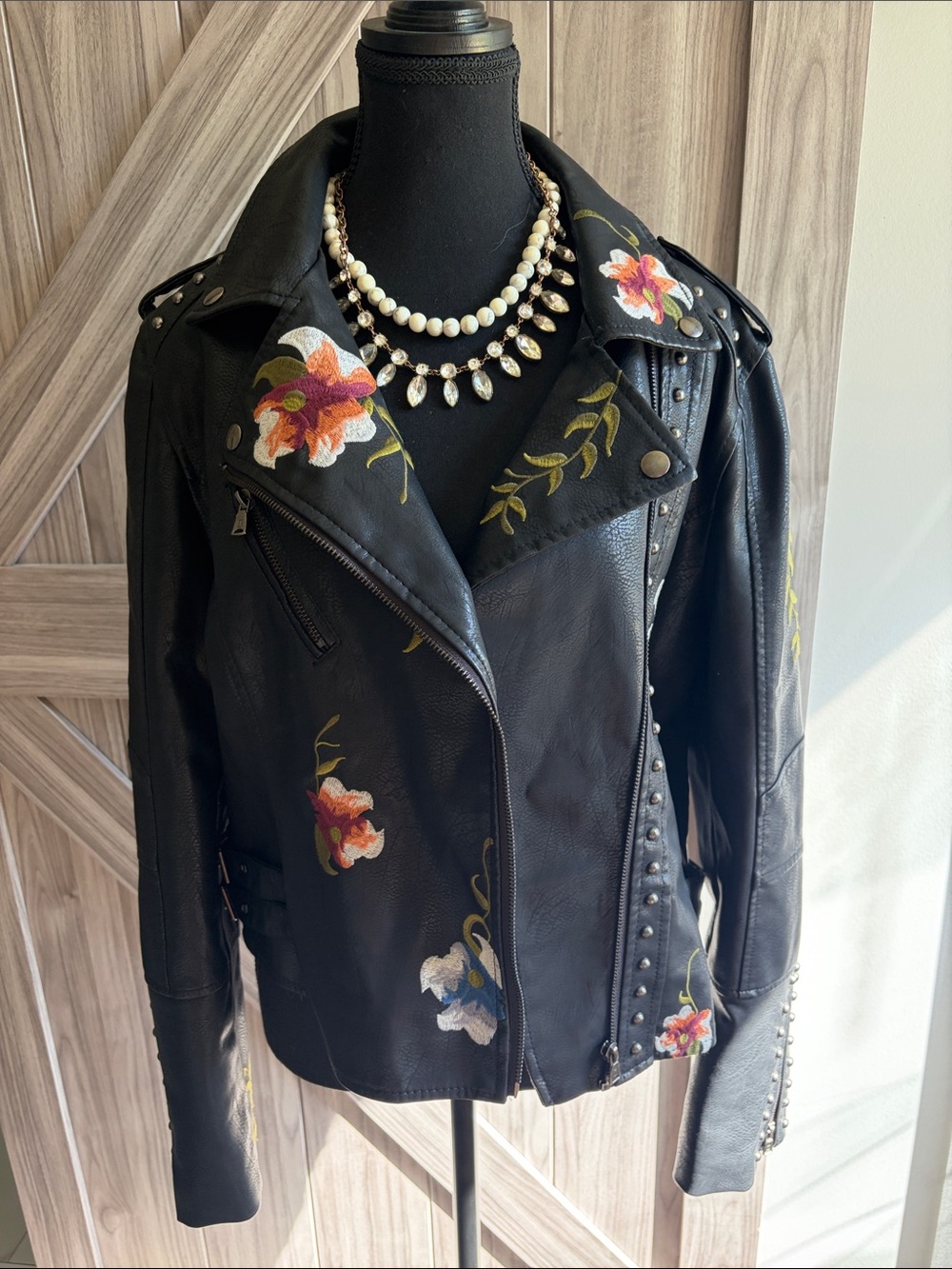 Black Floral Embroidered Faux Leather Biker Jacket